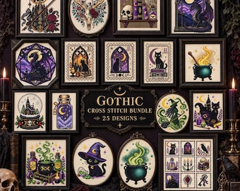 Gothic Cross Stitch Bundle, 25 Witchy Patterns, Cats, Dragons, Potions & Spooky PDF Collection