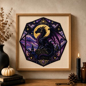 Dragon Cross Stitch Pattern PDF, Gothic Fantasy Dragon Embroidery, Moon Dragon, Dark Academia Decor, Witchcore Wall Art