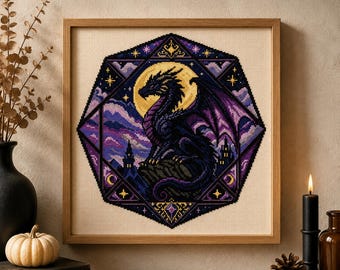Draak kruissteekpatroon PDF, Gotische fantasie draak borduurwerk, Maandraak, Dark Academia decoratie, Witchcore muurdecoratie
