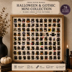 Peut inclure: Un ensemble de point de croix intitulé Halloween & Gothic Mini Collection présentant 78 mini modèles de point de croix de chats noirs dans divers costumes et décors. L'ensemble inclut un modèle PDF, un guide des couleurs DMC et un guide débutant.