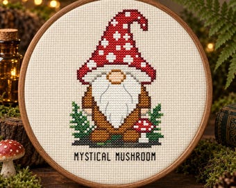 Mushroom Gnome Cross Stitch Pattern with Amanita Toadstool Hat and Ferns, Woodland PDF