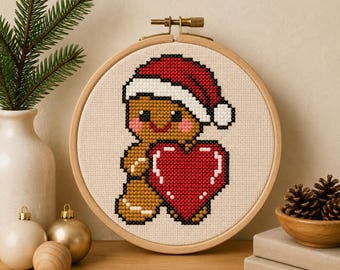 Christmas Gingerbread Cross Stitch Pattern PDF, Cute Gingerbread Cookie with Heart, Mini Christmas Ornament, Easy Holiday Embroidery