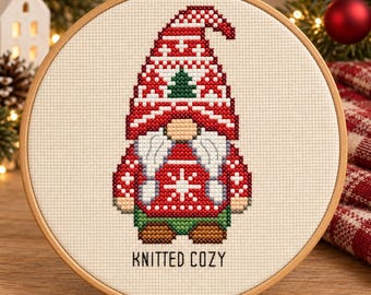 Nordic Christmas Gnome Cross Stitch Pattern PDF, Red Fair Isle Knit Sweater Design