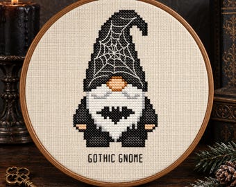 Gothic Gnome Cross Stitch Pattern, Spider Web and Bat Gnome PDF