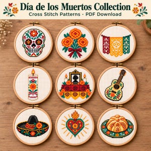 Paquete de punto de cruz del Día de los Muertos, 9 patrones de arte popular mexicano, PDF digital