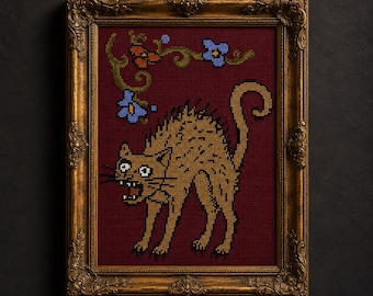 Middeleeuws kattenborduurpatroon (PDF), grappig boos kattenborduurpatroon, middeleeuwse kat uit een manuscript, gotische kattendecoratie, direct te downloaden