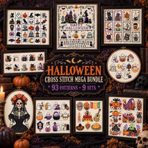 May include: A collection of framed cross-stitch patterns featuring Halloween themes including ghosts, skeletons, pumpkins, witches, and black cats. A central sign reads HALLOWEEN CROSS STITCH MEGA BUNDLE 93 PATTERNS 9 SETS with an alphabet and numbers.