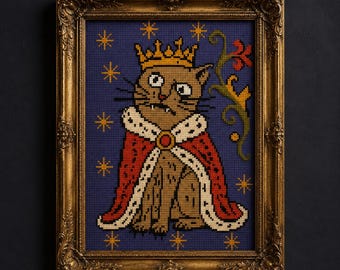 Middeleeuws kattenborduurpatroon (PDF), grappige koninklijke kattenborduurwerk, middeleeuwse dierenkunst, ontwerp van een gekroonde kat, steekschema van 112x150