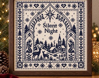 Silent Night Cross Stitch Pattern, Christmas Nativity Sampler, Monochrome PDF Chart