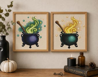 Bundel met kruissteekpatronen van een heksenketel (PDF), set van 2 Halloween-kruissteekpatronen (PDF), magische drankjesborduurwerk, heksenachtige decoratie, direct te downloaden.