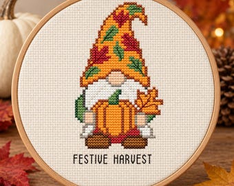 Fall Gnome Cross Stitch Pattern, Pumpkin and Autumn Leaves, Festive Harvest PDF