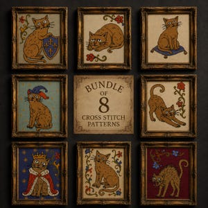 May include: A collection of eight framed cross stitch patterns featuring brown cats in various poses and settings, including a cat with a shield, a cat on a cushion, and a crowned cat. A central sign reads BUNDLE OF 8 CROSS STITCH PATTERNS.