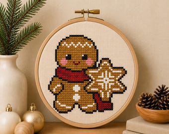 Christmas Gingerbread Cross Stitch Pattern PDF, Cute Gingerbread Cookie Embroidery, Kawaii Christmas Ornament, Easy Beginner Pattern