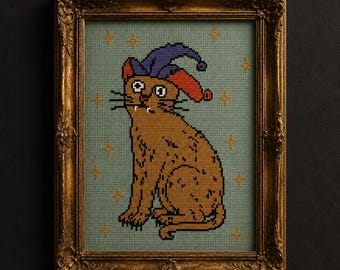 Middeleeuwse tovenaarskat kruissteekpatroon PDF, grappige middeleeuwse kattenborduurwerk, fantasiekatontwerp, gotische dierendecoratie, direct te downloaden
