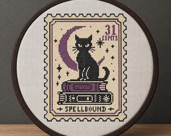 Black Cat Stamp Cross Stitch Pattern PDF, Halloween Cross Stitch Pattern, Witchy Cat Embroidery, Gothic Postage Stamp, Instant Download