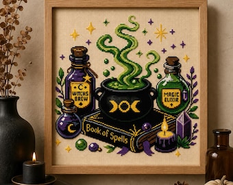 Borduurpatroon voor een magische drank (PDF), heksenachtige gotische Halloween-ketel, spreukenboek, Dark Academia