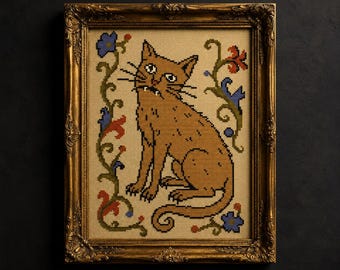 Middeleeuws kattenborduurpatroon (PDF), middeleeuwse dierenborduurwerk, grappige gotische kat, middeleeuwse manuscriptkunst, folkloristisch kattenpatroon