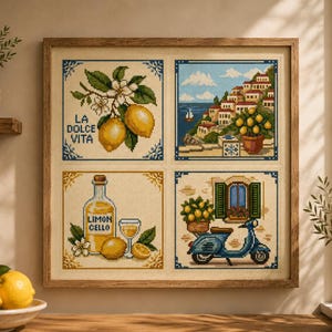 Mediterranean Cross Stitch Pattern PDF, Italian Summer Sampler, Lemon Tree, Vintage Scooter, Amalfi Coast, Instant Download