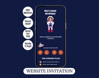 Weltraum-Geburtstags-Einladung Webseite | Kids Astronaut Galaxy Party Einladen Link | Weltraum Antwortkarten Evite | Done For You Smartphone Einladung