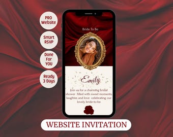 Dunkelrote Blumeneinladung Webseite | Romantische Digital Brautparty |Save The Date - Hochzeit | Done For You Antwortkarten | Benutzerdefinierte Hochzeit Link