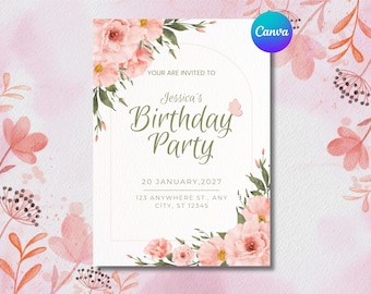 Soft Pink Floral Einladung Vorlage | Bearbeitbare Geburtstagseinladung | Hochzeit, Bridal Shower, Baby Party Canva Template