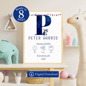 May include: A personalized baby announcement print with a blue letter "P" and a watercolor illustration of a dragon. The print includes the baby's name, birthdate, time, length (18 inches), and weight (8 lbs 10 oz).