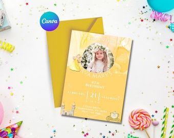 Prinzessin Geburtstagseinladung Canva Vorlage, bearbeitbare gelbe Prinzessin einladen, Märchen-Geburtstagsfeier, königliche Feier, digitaler Download
