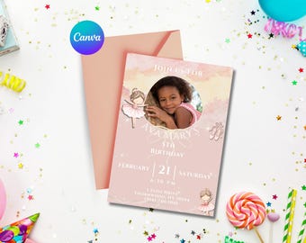 Ballerina Geburtstagseinladung Canva Vorlage, bearbeitbares rosa Ballett, Mädchentanzparty, Tutu und Zehenschuhe, kleine Ballerina, digitaler Download