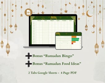 Ramadan Planer Bundle, Google Sheets Digital Tracker & druckbare PDF-Datei, Ramadan Bingo, täglichen Fortschritt, Mahlzeit-Ideen für Iftar