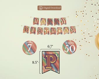 Retro Geburtstagsbanner, gestreifte Vintage Party Wimpelkette, groovy 70er Jahre Alphabet Buchstaben & Zahlen, beunruhigt, Retro Party Dekor, Instant Download