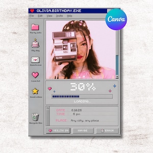 May include: Digital invitation with a retro computer interface design. The invitation features a photo of a person holding a vintage camera. The text includes the date, time, and place for the event. A Canva logo is visible.