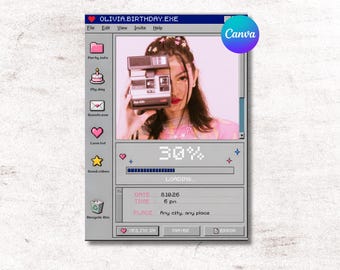 Cyber Y2K Geburtstagseinladung Vorlage | Partyeinladung im Windows xxt Stil | Bearbeitbare Canva Party Card