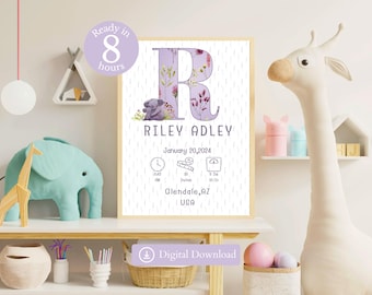 Decoración personalizada para la habitación del bebé, póster personalizado con las estadísticas de nacimiento de un koala, regalo para niña con flores silvestres, arte mural con iniciales florales, descarga digital.