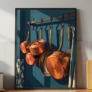 Póster colgante de ollas de cobre, arte de pared vintage para cocina, lámina de utensilios de cocina, decoración culinaria