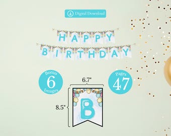 Pastell Blau Ballon Geburtstagsbanner, personalisierte Party Bunting Buchstaben & Zahlen, Aquarell Kinderzimmer Dekor, Blau Rosa Gelb Party, Digital