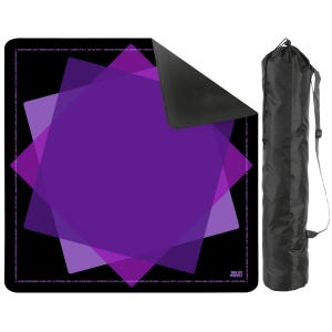 May include: A black yoga mat with a geometric purple design and the text "HOLDS MOVES". Includes a black carrying bag with a shoulder strap. The mat has a non-slip surface.
