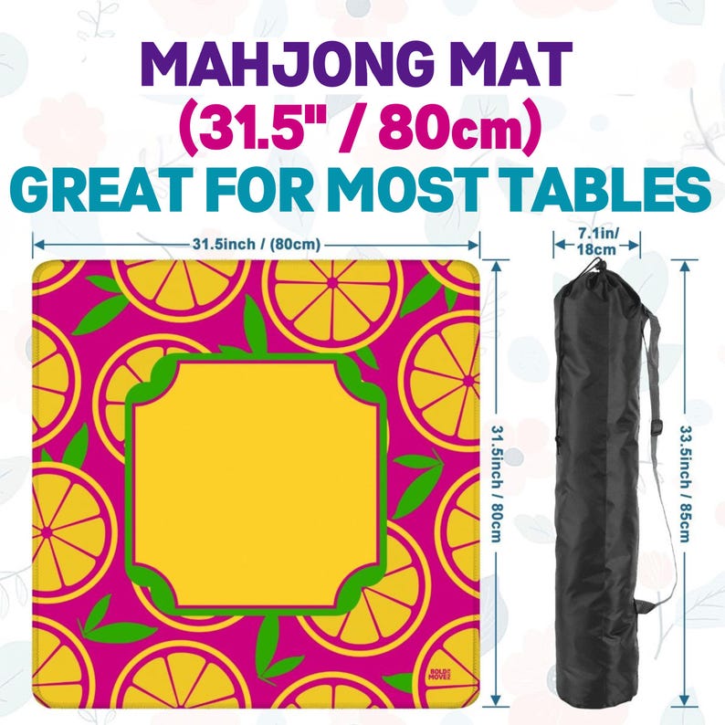 May include: A square Mahjong mat with a vibrant pink background and a pattern of yellow citrus fruit slices. The mat measures 31.5 inches (80cm) square and includes a black carrying case. The text on the mat reads "MAHJONG MAT (31.5" / 80cm) GREAT FOR MOST TABLES."