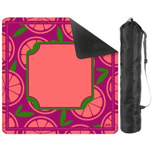 May include: A yoga mat with a vibrant design featuring orange slices and green leaves on a purple background. The mat has a coral-colored center with a green border. A black carrying bag is included.