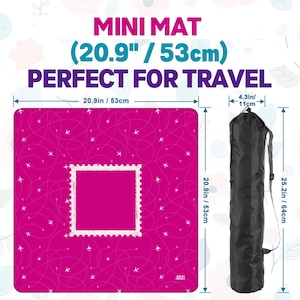 May include: A square magenta mini mat featuring a white airplane and flight path pattern with a central postage stamp border. The mat measures 20.9 inches by 20.9 inches. It is accompanied by a black cylindrical carrying bag measuring 25.2 inches.