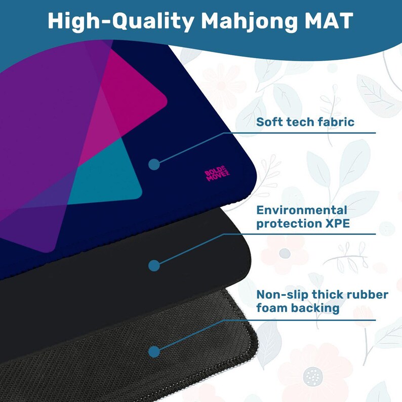 May include: A high-quality Mahjong mat with a geometric design in shades of purple, teal, and navy blue. The mat features soft tech fabric, environmental protection XPE, and a non-slip thick rubber foam backing. The text "High-Quality Mahjong MAT" is at the top.