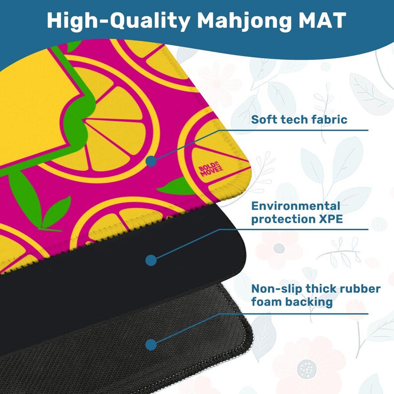 May include: A high-quality Mahjong mat with a vibrant design featuring yellow lemon slices on a pink background. The mat has a soft tech fabric, environmental protection XPE, and a non-slip thick rubber foam backing. The text "High-Quality Mahjong MAT" is at the top.