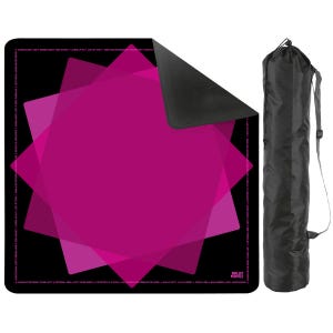 May include: Black yoga mat with a geometric design in shades of pink and a black carrying bag. The mat features overlapping shapes and text around the border. The bag has a shoulder strap.