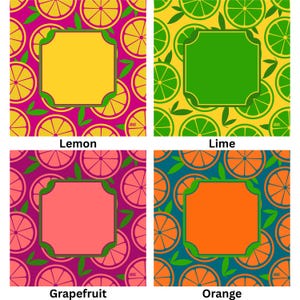 May include: Four colorful square designs featuring citrus fruit patterns. Each design has a different fruit: lemon, lime, grapefruit, and orange. Each design has a central square with the fruit's name below it.