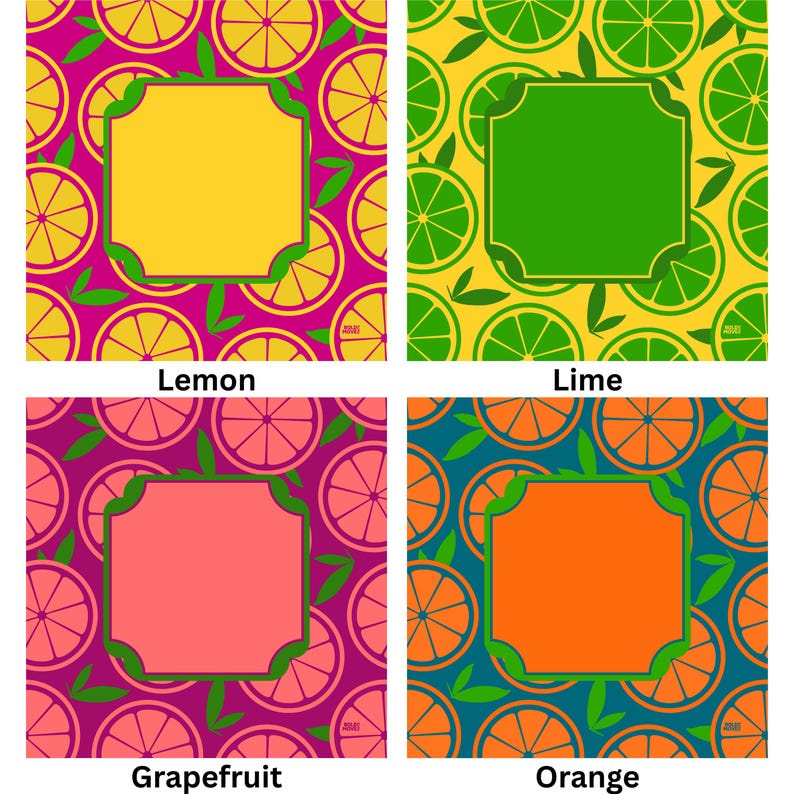 May include: Four colorful square designs featuring citrus fruit patterns. Each design has a different fruit: lemon, lime, grapefruit, and orange. Each design has a central square with the fruit's name below it.