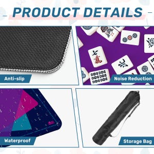 May include: Image showcasing product details. Features include anti-slip, noise reduction, and waterproof properties. A storage bag is also included. The product has a geometric design with shades of blue, purple, and pink.