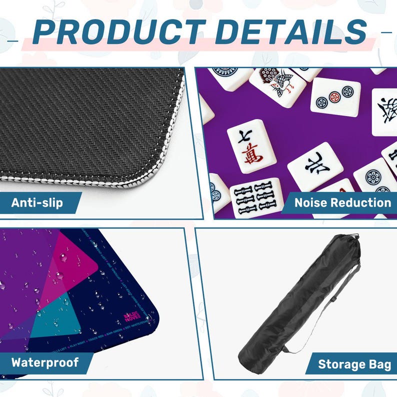 May include: Image showcasing product details. Features include anti-slip, noise reduction, and waterproof properties. A storage bag is also included. The product has a geometric design with shades of blue, purple, and pink.
