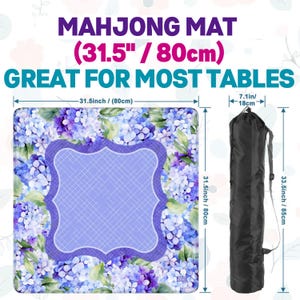 May include: A square mahjong mat measuring 31.5 inches by 31.5 inches, featuring a blue and purple hydrangea floral pattern with a central purple scalloped frame. Includes a black carrying bag measuring 33.5 inches by 7.1 inches.