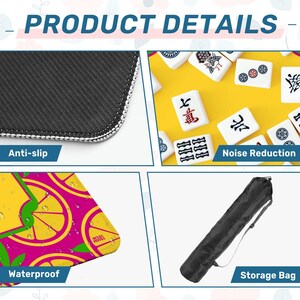 May include: Product details image. The top left shows the anti-slip underside of a mat. The top right shows Mahjong tiles. The bottom left shows a waterproof mat with a lemon design. The bottom right shows a storage bag.