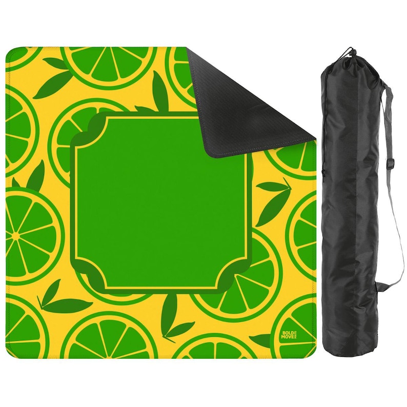 May include: A yellow picnic blanket with a lime slice pattern and a large green central area. Includes a black carrying bag with a shoulder strap. The blanket is designed for outdoor use.