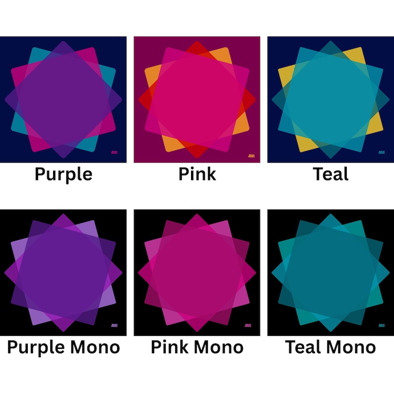May include: A collection of six square designs featuring overlapping geometric shapes in various colors. The designs include purple, pink, and teal, with variations labeled "Mono." Each design has the color name written below it.